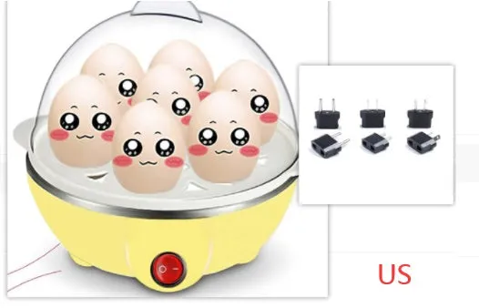 Blue electric egg steamer with transparent lid and egg tray on countertop