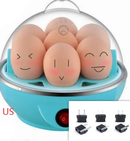 Blue electric egg steamer with transparent lid and egg tray on countertop