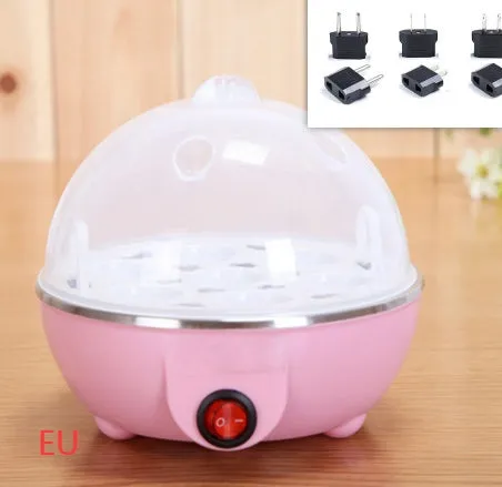 Blue electric egg steamer with transparent lid and egg tray on countertop