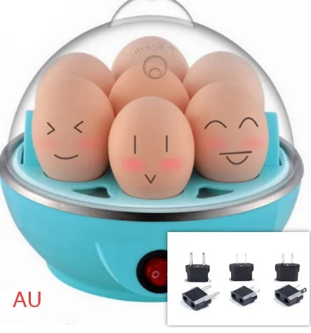 Blue electric egg steamer with transparent lid and egg tray on countertop