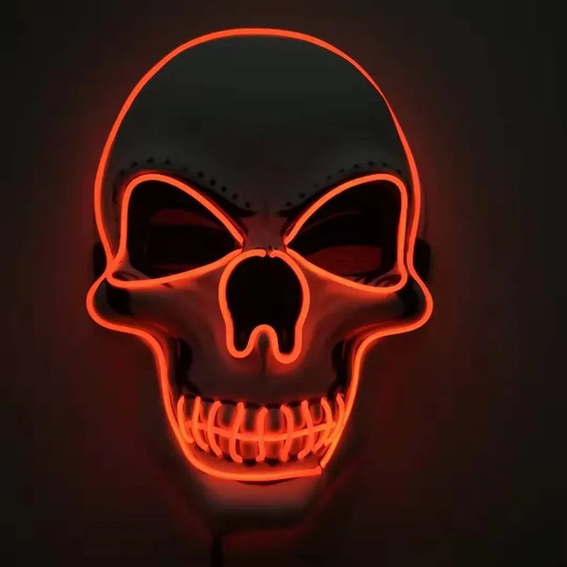 Skull LED glowing Halloween mask with EL wire, available in multiple colours, on a black background