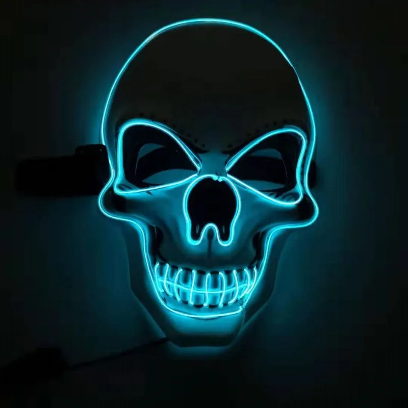 Skull LED glowing Halloween mask with EL wire, available in multiple colours, on a black background
