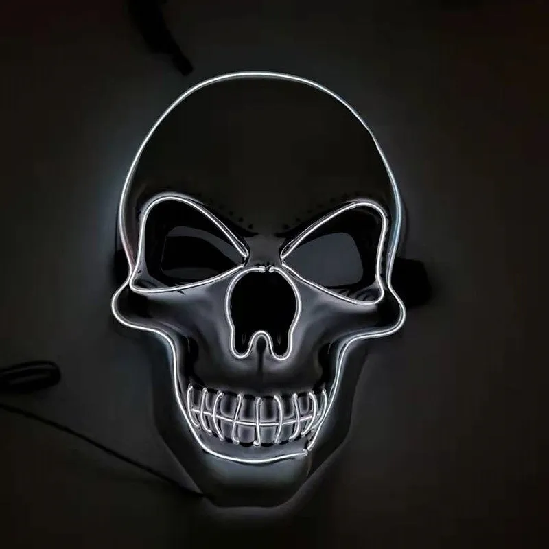 Skull LED glowing Halloween mask with EL wire, available in multiple colours, on a black background