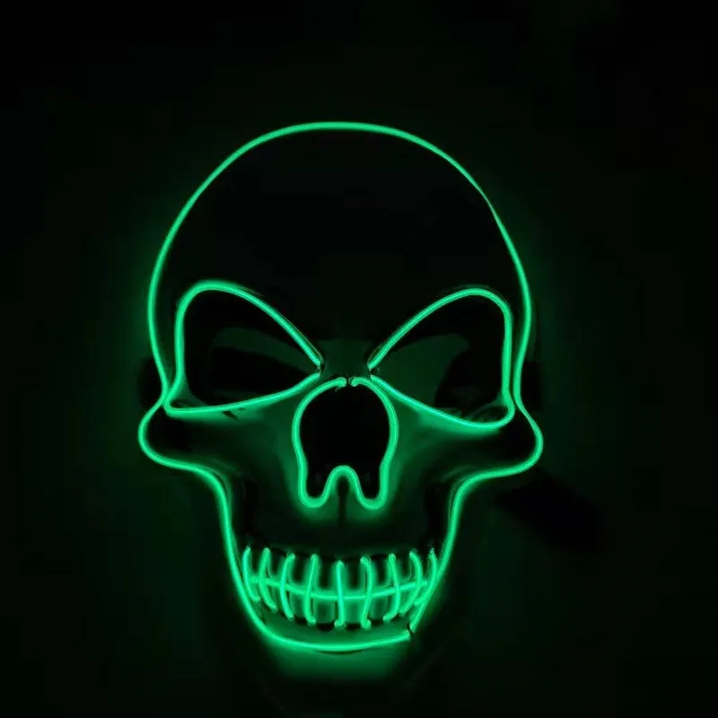 Skull LED glowing Halloween mask with EL wire, available in multiple colours, on a black background