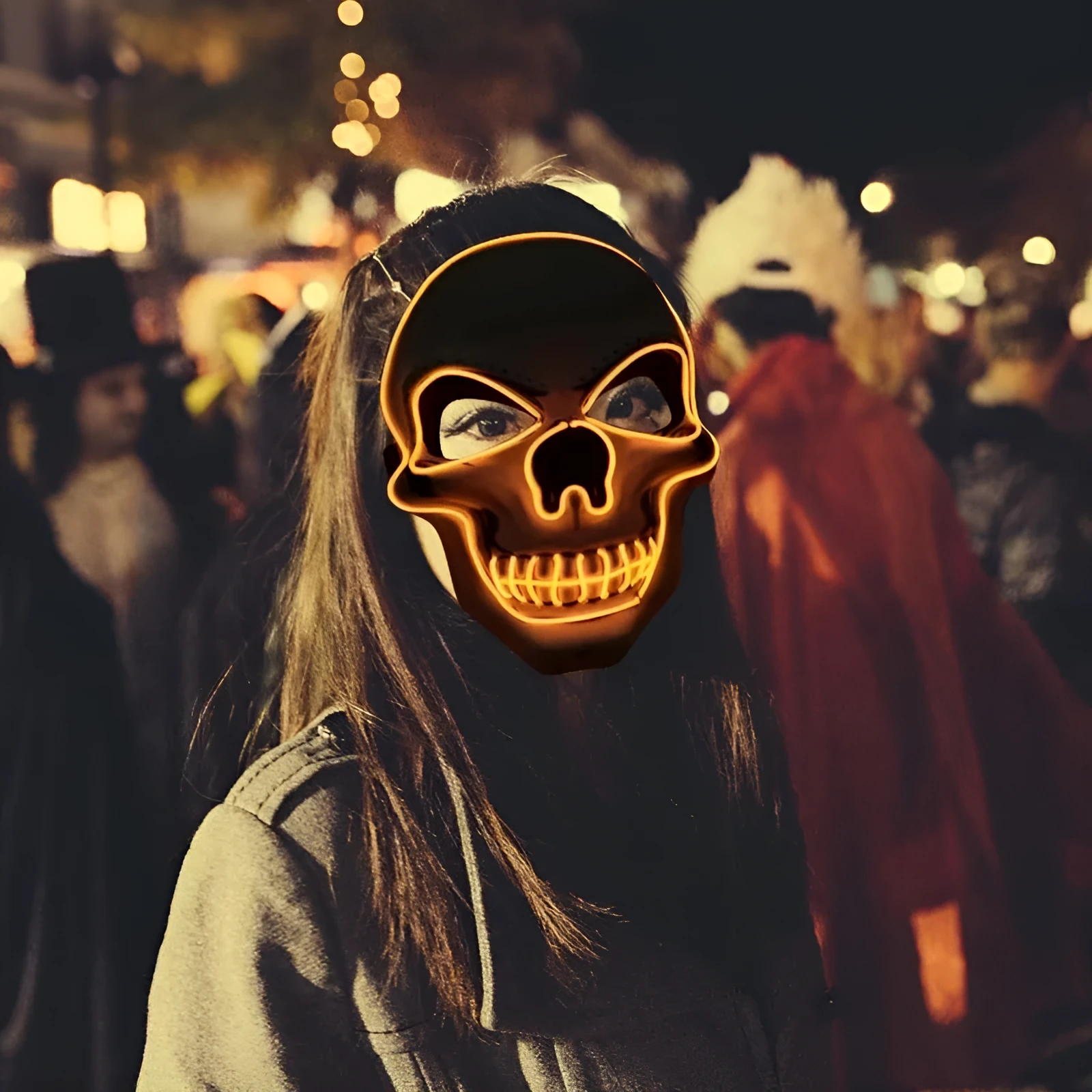 Skull LED glowing Halloween mask with EL wire, available in multiple colours, on a black background