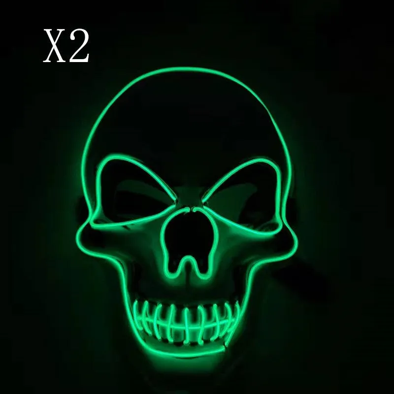Skull LED glowing Halloween mask with EL wire, available in multiple colours, on a black background