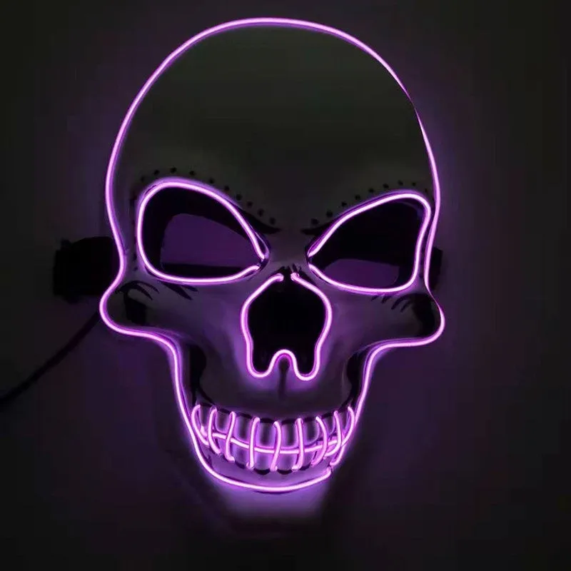Skull LED glowing Halloween mask with EL wire, available in multiple colours, on a black background