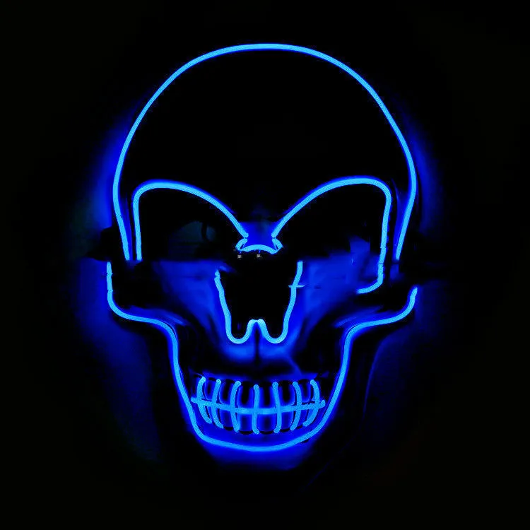 Skull LED glowing Halloween mask with EL wire, available in multiple colours, on a black background