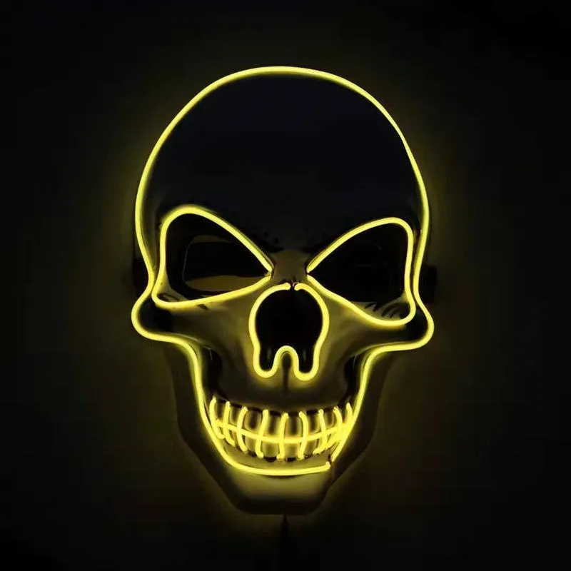Skull LED glowing Halloween mask with EL wire, available in multiple colours, on a black background