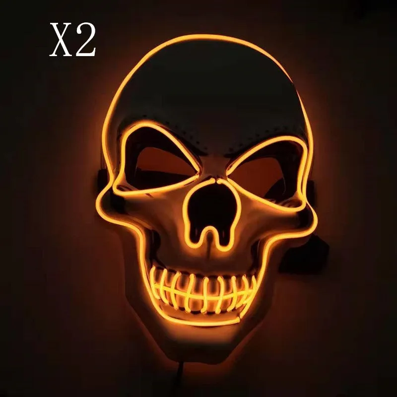 Skull LED glowing Halloween mask with EL wire, available in multiple colours, on a black background
