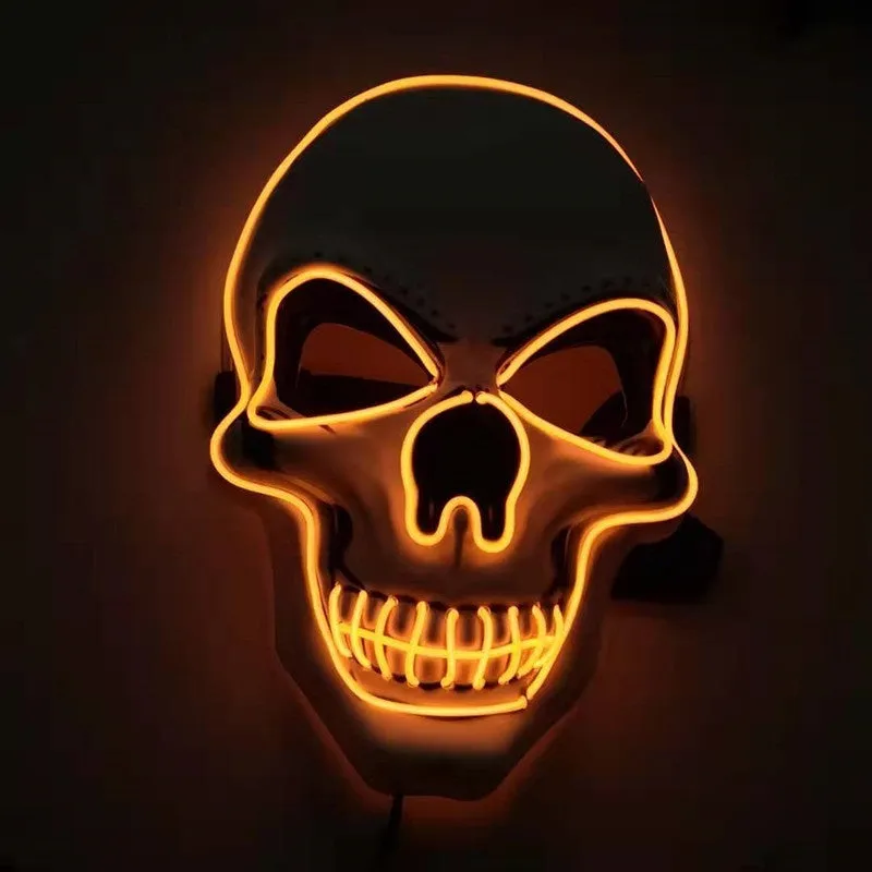 Skull LED glowing Halloween mask with EL wire, available in multiple colours, on a black background