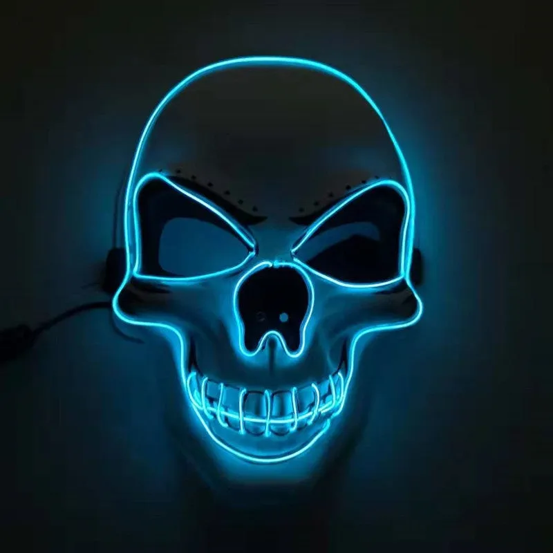 Skull LED glowing Halloween mask with EL wire, available in multiple colours, on a black background