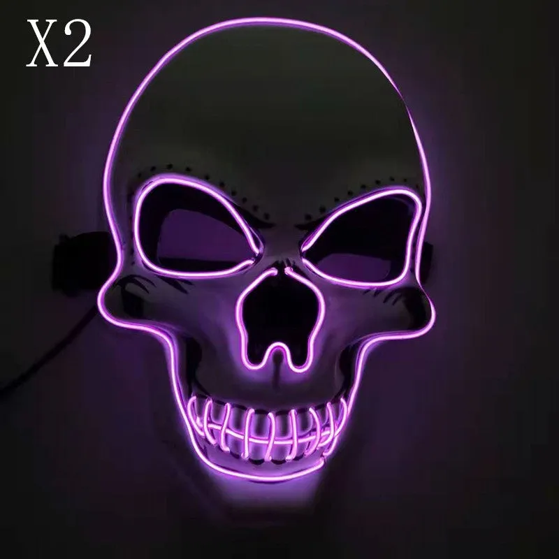 Skull LED glowing Halloween mask with EL wire, available in multiple colours, on a black background