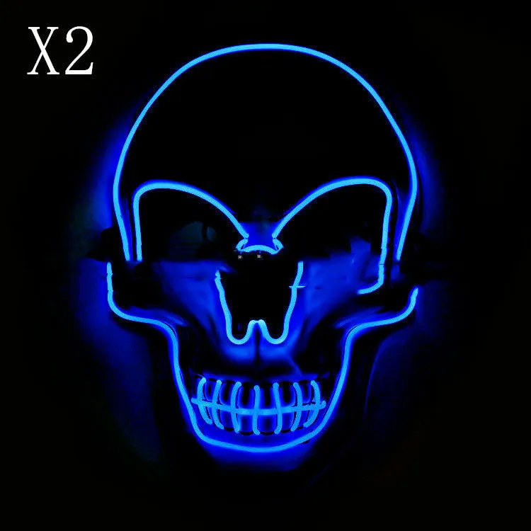 Skull LED glowing Halloween mask with EL wire, available in multiple colours, on a black background