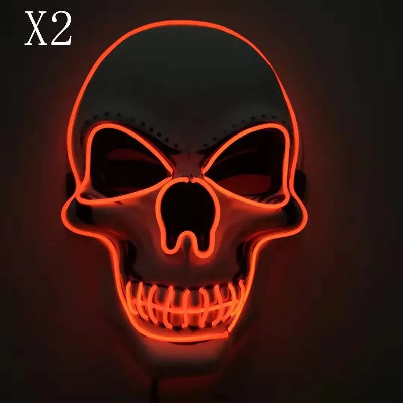 Skull LED glowing Halloween mask with EL wire, available in multiple colours, on a black background