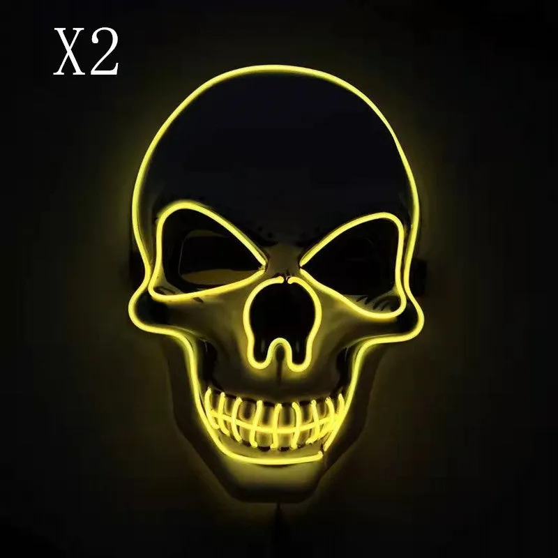 Skull LED glowing Halloween mask with EL wire, available in multiple colours, on a black background