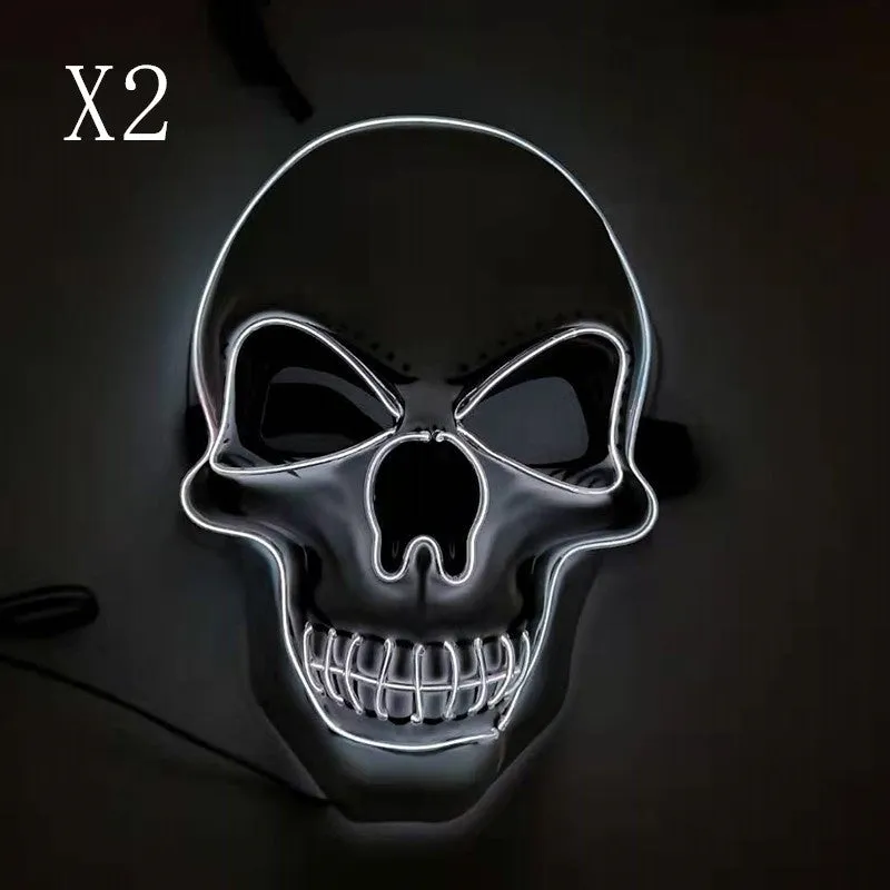 Skull LED glowing Halloween mask with EL wire, available in multiple colours, on a black background