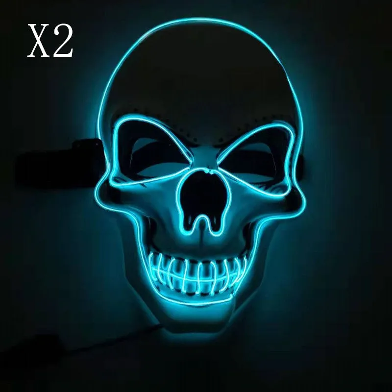 Skull LED glowing Halloween mask with EL wire, available in multiple colours, on a black background