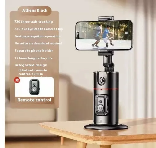 Automatic tracking stabiliser with 360-degree rotation in black, pink, and white on a desktop