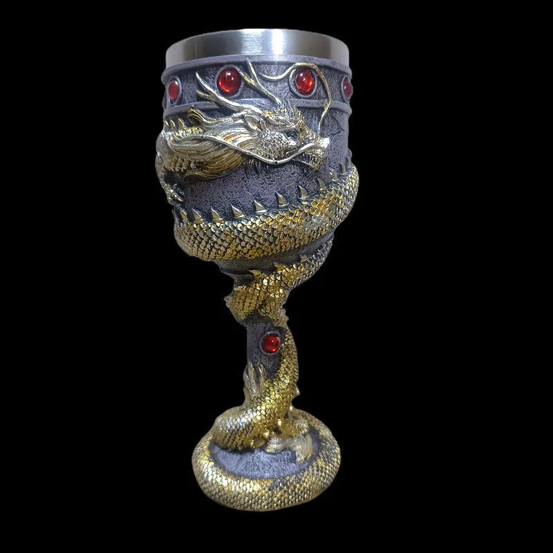 Red wine glass with stainless steel stem and 3D gold dragon resin decoration