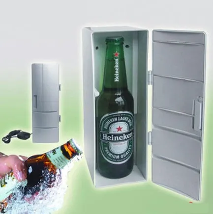 Mini USB fridge in compact 12x8.5x25cm size with USB cable, cooling and heating function