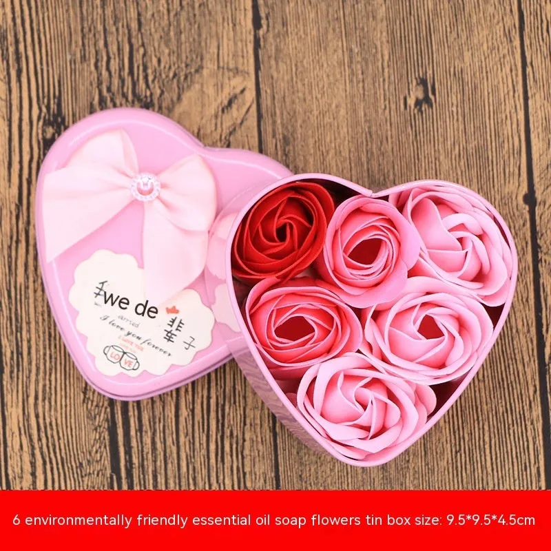 Handmade soap flower gift box in heart-shaped tin box with bear figure, red colour