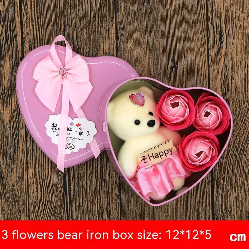 Handmade soap flower gift box in heart-shaped tin box with bear figure, red colour