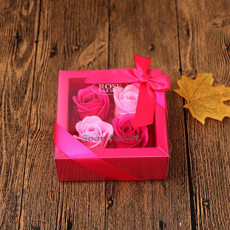Handmade soap flower gift box in heart-shaped tin box with bear figure, red colour