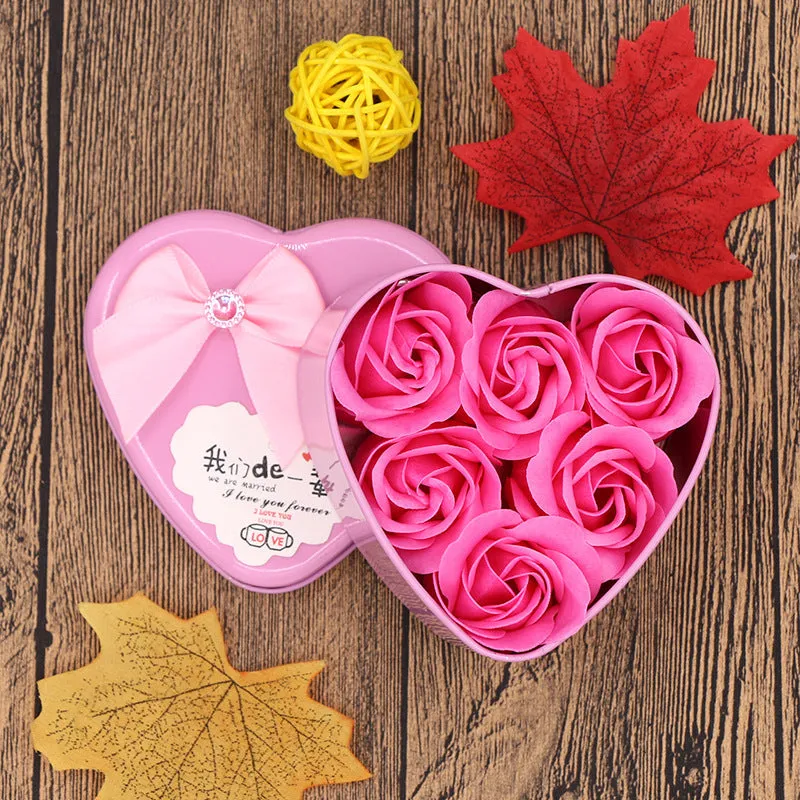 Handmade soap flower gift box in heart-shaped tin box with bear figure, red colour