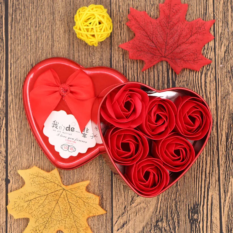 Handmade soap flower gift box in heart-shaped tin box with bear figure, red colour