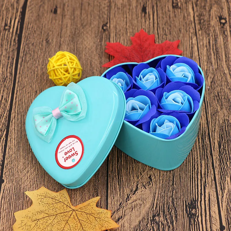 Handmade soap flower gift box in heart-shaped tin box with bear figure, red colour