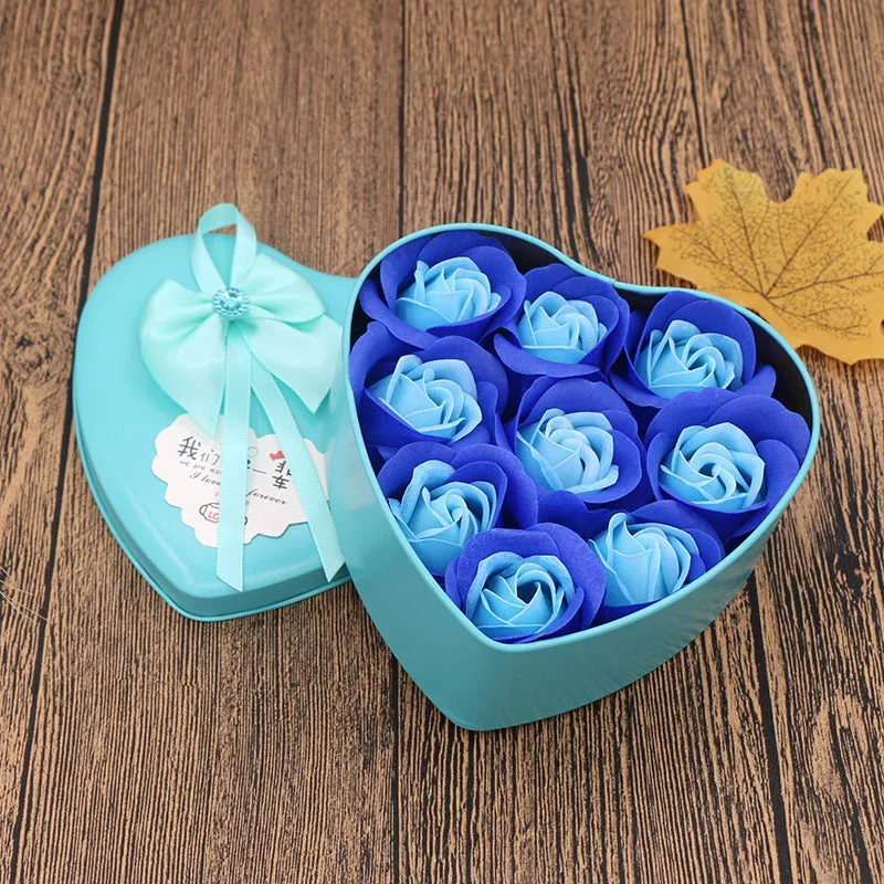 Handmade soap flower gift box in heart-shaped tin box with bear figure, red colour