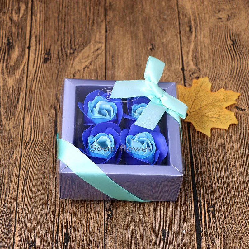 Handmade soap flower gift box in heart-shaped tin box with bear figure, red colour