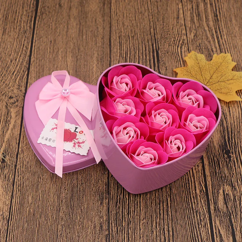 Handmade soap flower gift box in heart-shaped tin box with bear figure, red colour