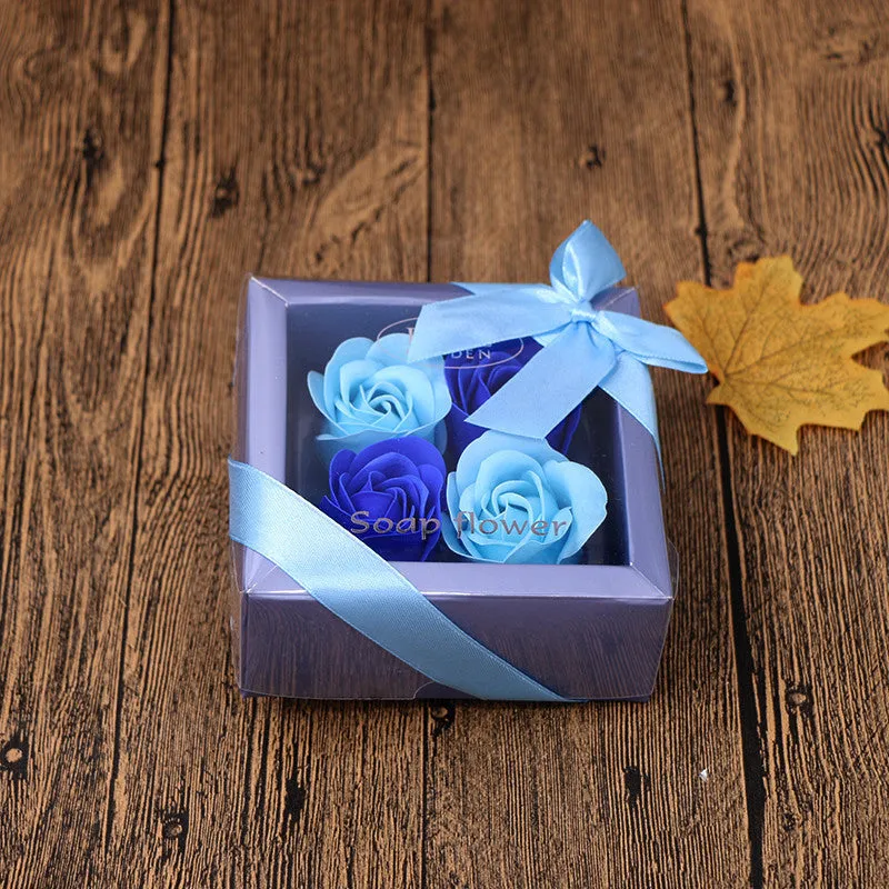 Handmade soap flower gift box in heart-shaped tin box with bear figure, red colour