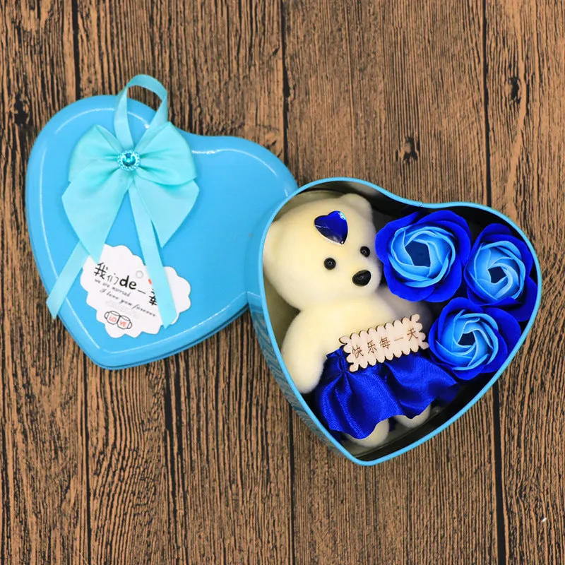 Handmade soap flower gift box in heart-shaped tin box with bear figure, red colour