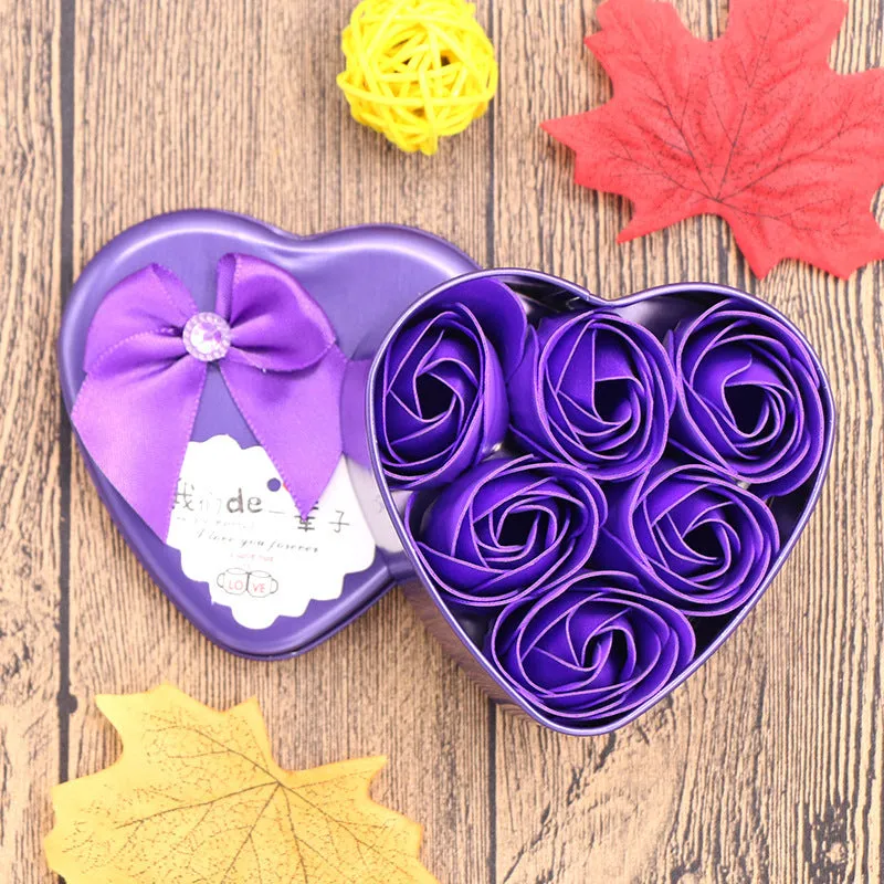Handmade soap flower gift box in heart-shaped tin box with bear figure, red colour