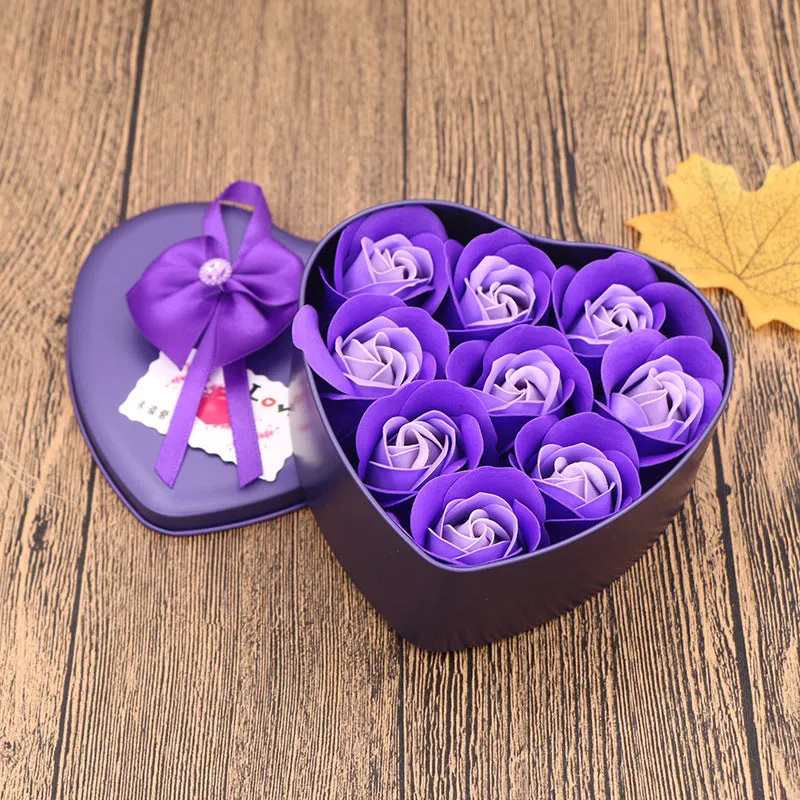 Handmade soap flower gift box in heart-shaped tin box with bear figure, red colour
