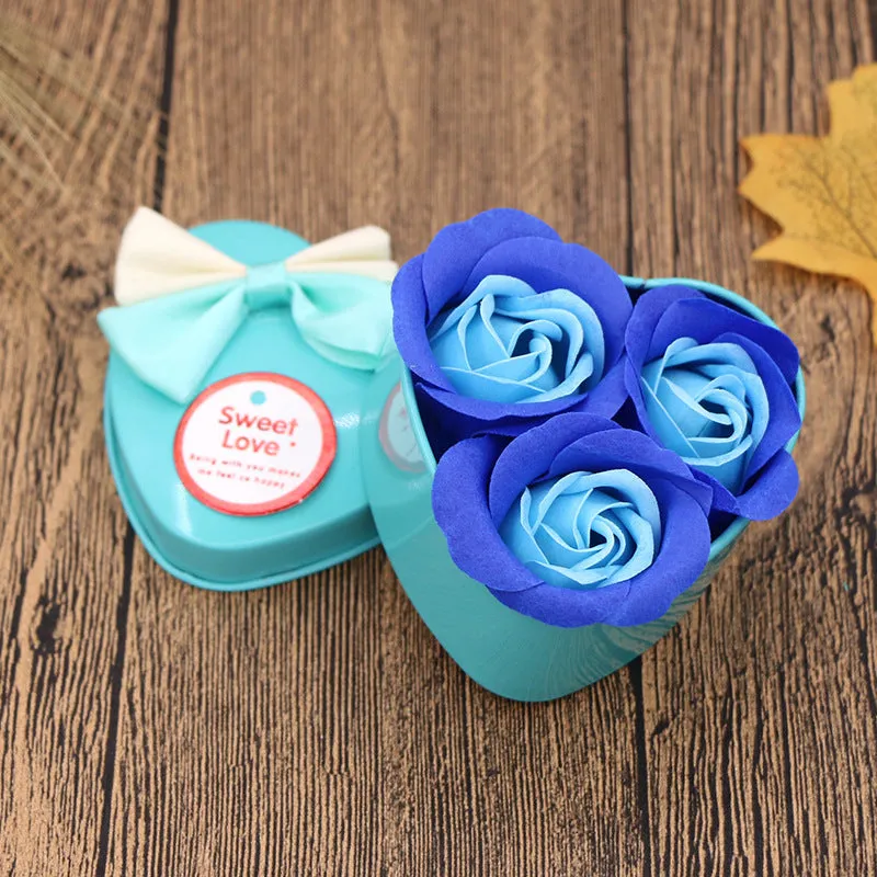 Handmade soap flower gift box in heart-shaped tin box with bear figure, red colour
