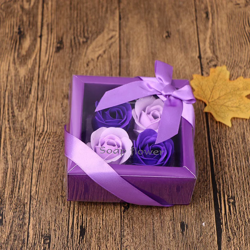 Handmade soap flower gift box in heart-shaped tin box with bear figure, red colour
