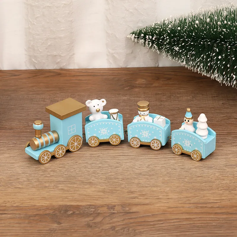 Handcrafted wooden Christmas train ornament in modern simple cartoon style, available in multiple colours