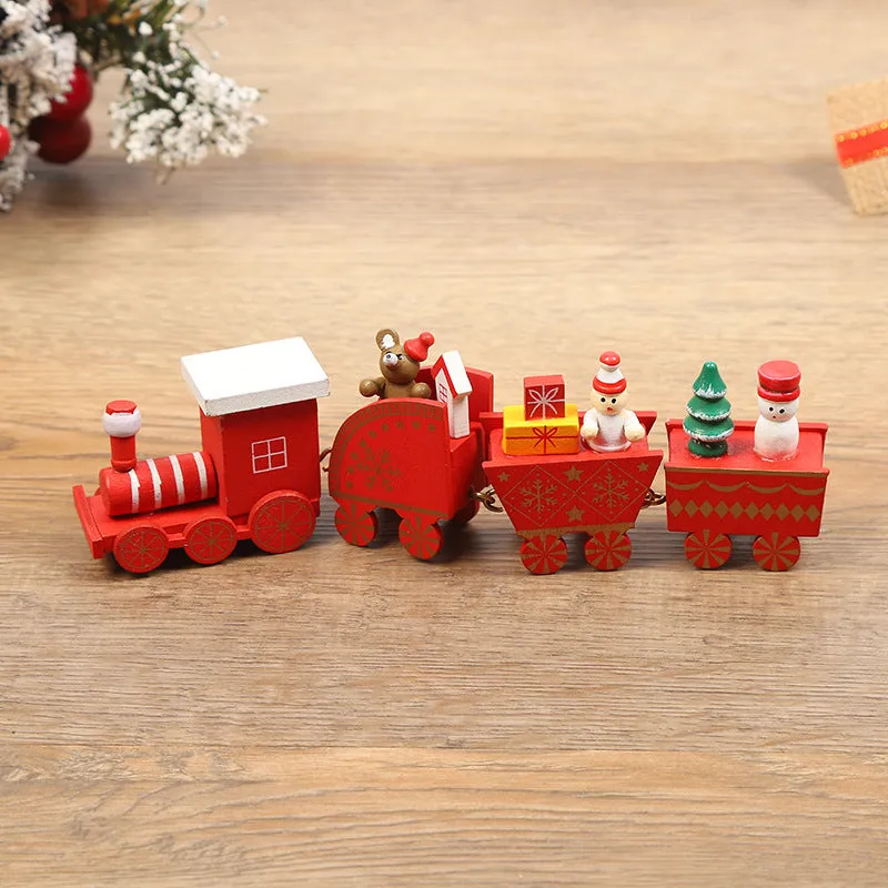 Handcrafted wooden Christmas train ornament in modern simple cartoon style, available in multiple colours