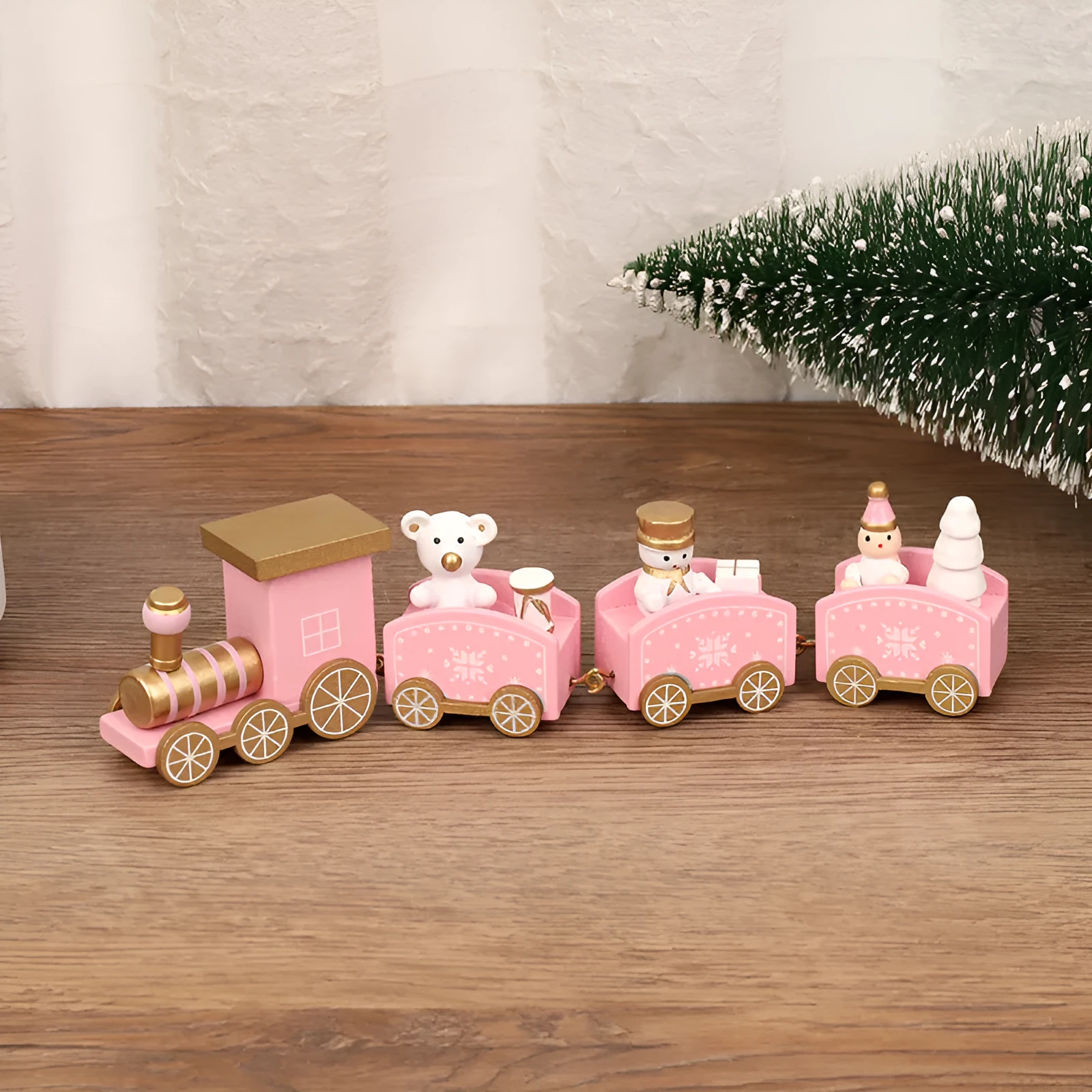 Handcrafted wooden Christmas train ornament in modern simple cartoon style, available in multiple colours