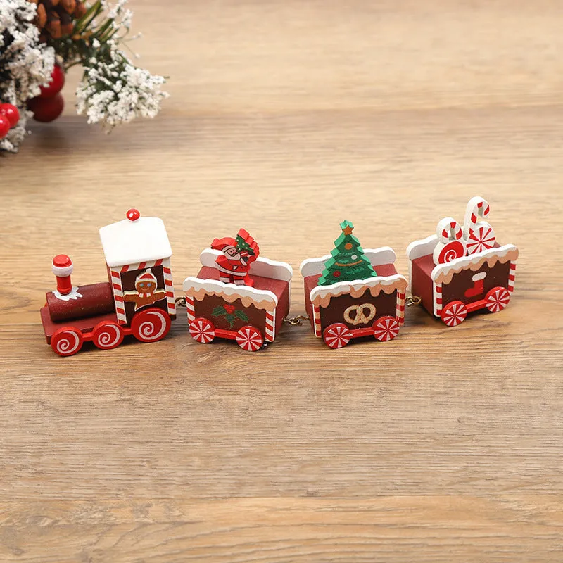 Handcrafted wooden Christmas train ornament in modern simple cartoon style, available in multiple colours