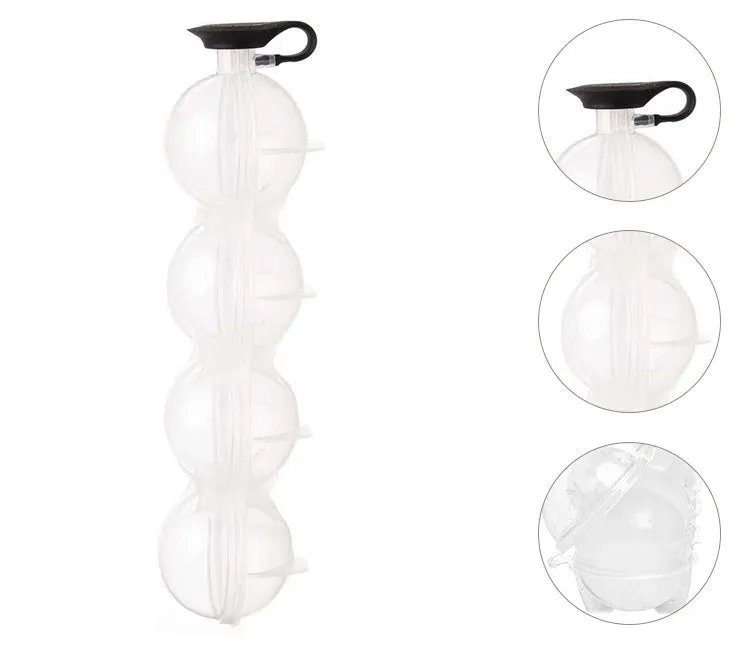 White four-hole ice hockey mold with transparent PP body and black silicone cover, 23 cm long