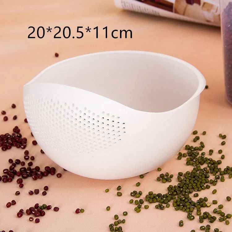 Plastic rice washing sieve in blue on a kitchen countertop with rice grains visible inside