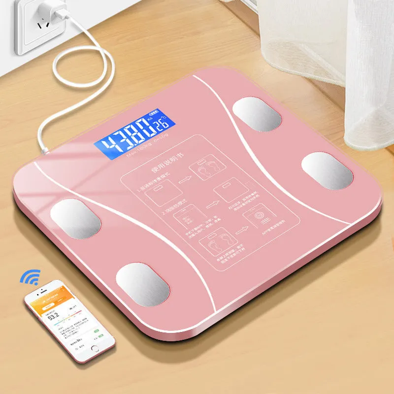 USB rechargeable body fat scale in black with LCD display and glass platform