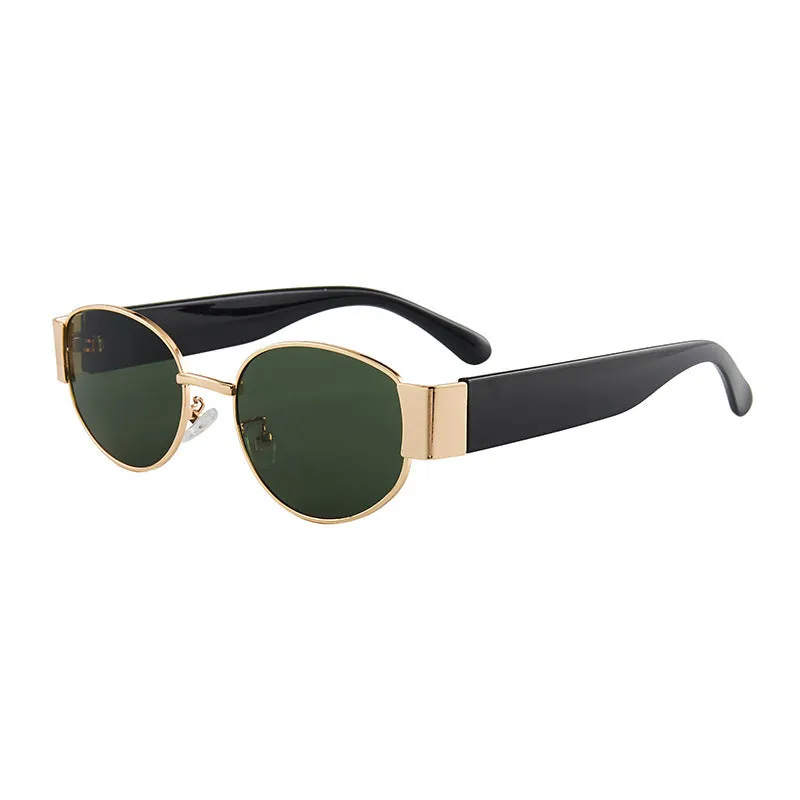 Trendy small frame round sunglasses with UV400 protection, gold frame with gray film lenses, plastic and metal construction