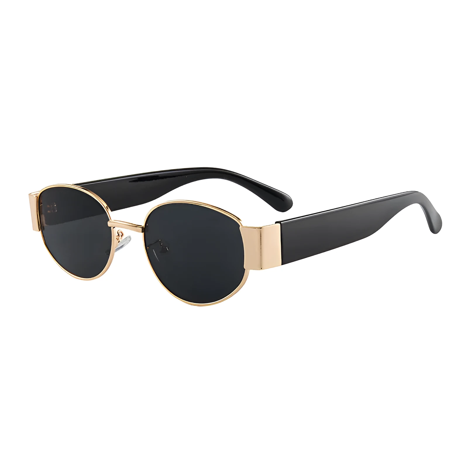 Trendy small frame round sunglasses with UV400 protection, gold frame with gray film lenses, plastic and metal construction