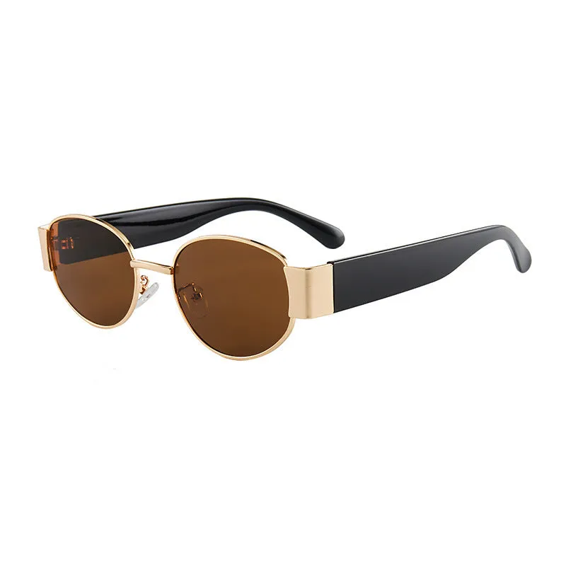 Trendy small frame round sunglasses with UV400 protection, gold frame with gray film lenses, plastic and metal construction